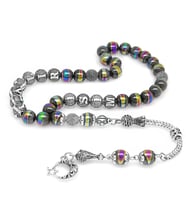 Kararmaz Metal Püsküllü Küre Kesim İsim Yazılı  Multicolor Hematit Doğaltaş Tesbih (Gri)