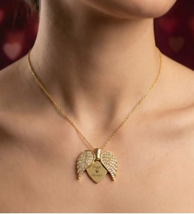 Kişiye Özel Çift İsim Baskılı Kalpli Gold Renk Açılır Melek Kanadı Kalp Kolye - Sevgiliye Özel Hediye, Anneye Hediye, Kız Kardeşe Hediye