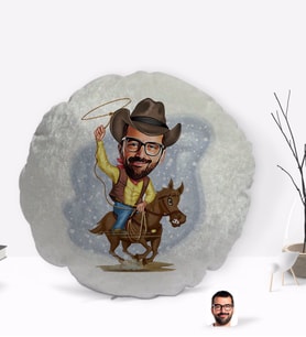 BK Gift Kişiye Özel Kovboy Karikatürlü Yuvarlak Dekoratif Kırlent Yastık-2