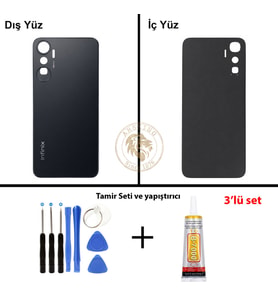 Infinix Hot 20 Siyah Uyumlu Arka Kapak + Yapıştırıcı ve Vida Seti Arka Cam Batarya Pil Kapağı