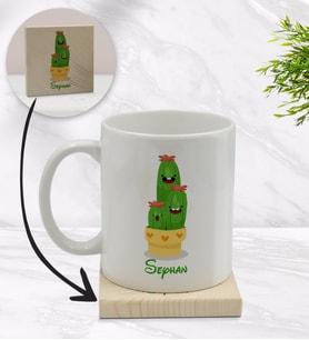 BK Gift Kişiye Özel Kaktüs Tasarımlı Beyaz Kupa Bardak ve Ahşap Bardak Altlığı Hediye Seti - Model 9