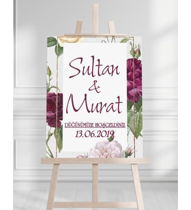 Söz Nişan Düğün İçin 50x70 Karşılama Panosu - Mor Renk Çiçek Temalı