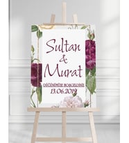 Söz Nişan Düğün İçin 50x70 Karşılama Panosu - Mor Renk Çiçek Temalı