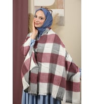 Çift Taraflı Ekose Kışlık Omuz Şalı (Bordo)
