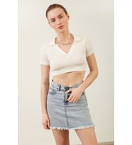 Kadın Beyaz Polo Yaka Basic Crop Body