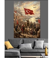 Türk Bayrağı Tutan Atlı Süvari Dekoratif Kanvas - Mdf Ahşap Tablo