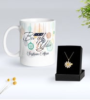 Sevgiliye Yılbaşı Hediyesi BK Gift Kişiye Özel İsimli Yılbaşı Tasarımlı Beyaz Kupa Bardak ve Papatya Kolye Hediye Seti-4, Sevgiliye Hediye, İsimli Kolye