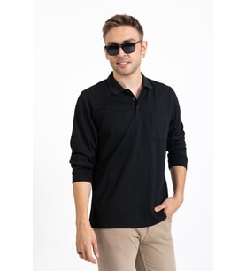 Erkek Orta Yaş ve Üzeri Polo Yaka Cepli Uzun Kollu Mevsimlik Sweatshirt 1103-Siyah