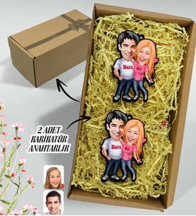 BK Gift Hediye Kutulu Kişiye Özel Sevgililer Karikatürlü Ahşap 2'li Ahşap Anahtarlık-5