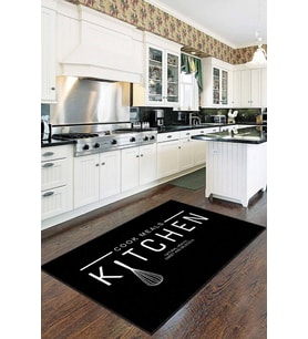 Siyah Kaymaz Tabanlı Kitchen Yazılı Mutfak Halısı AR019