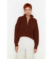 Kadın Oversize Basic Dokulu Uzun Kollu Fermuarlı Dik Yaka Selanik Örgü Triko Kazak Kaliteli