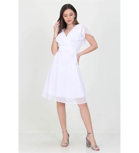 Neşeli butik kadın midi boy yeni sezon kruvaze yaka melek kol şifon elbise RY8081 (Beyaz)