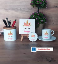 Unicorn Hediye Seti Dekoratif Taş, Kalemlik, Ahşap Altlıklı Türk Kahvesi Fincanı, Ahşap Anahtarlık Hediye (Model 2)