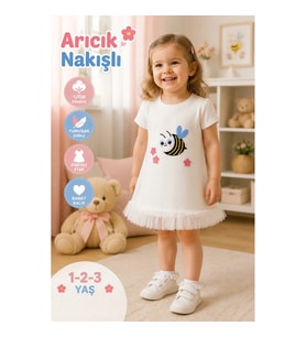 Arıcık Nakışlı Fırfır Etekli Jile Kız Çocuk Elbisesi – 1-2-3 Yaş