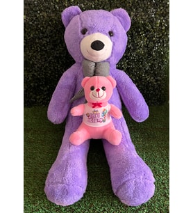 Dogum Gunu Hediyesi Sevgiliye 80cm Mor Peluş Ayıcık ve 25cm İyiki Doğdun Tişörtlü Pembe Ayıcık
