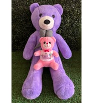 Dogum Gunu Hediyesi Sevgiliye 80cm Mor Peluş Ayıcık ve 25cm İyiki Doğdun Tişörtlü Pembe Ayıcık