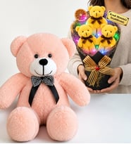 Kişiye Özel Yazılı Sarı RENKLİ LED Işıklı Peluş Ayıcık Buketi ve 50 cm Pembe Peluş Ayıcık Hediye Seti