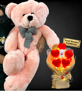 Size Özel Led Işıklı İsimli Ayıcık Buketi ve Büyük Boy 80cm Pembe Peluş Ayıcık (Model 3)