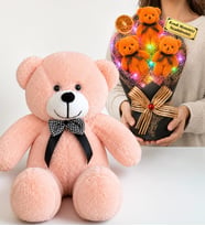 Kişiye Özel Yazılı Turuncu RENKLİ LED Işıklı Peluş Ayıcık Buketi ve 50 cm Pembe Peluş Ayıcık Hediye Seti