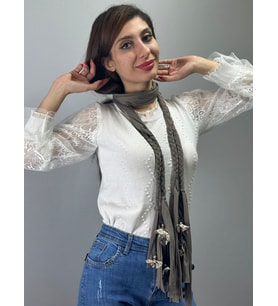 ZİNCİRLİ ÇİÇEKLİ KADIN FULAR ŞAL BOY 200 CM (Füme)
