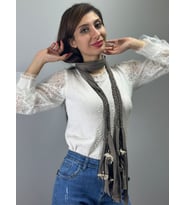 ZİNCİRLİ ÇİÇEKLİ KADIN FULAR ŞAL BOY 200 CM (Füme)