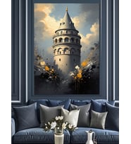 Gece Işıkları Altında Galata Kulesi Dekoratif Kanvas - Mdf Ahşap Tablo