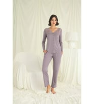 pilelistore Yakası Kolu Ve Omzu Dantelli Boydan Düğmeli Pijama Takımı (Gri)