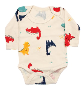 Erkek Bebek Bej Renkli Dino Baskılı Uzun Kollu Zıbın