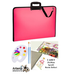 Resim Çantası 35x50 cm Resim Defteri Palet Fırça Seti 1 Paket Pembe Resim Proje Çantası Fermuarlı Kulplu 37x54 cm