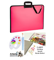 Resim Çantası 35x50 cm Resim Defteri Palet Fırça Seti 1 Paket Pembe Resim Proje Çantası Fermuarlı Kulplu 37x54 cm