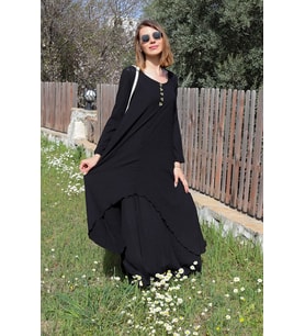 Keten Günlük Yazlık Salaş Kadın İki Katlı  Elbise (Siyah)