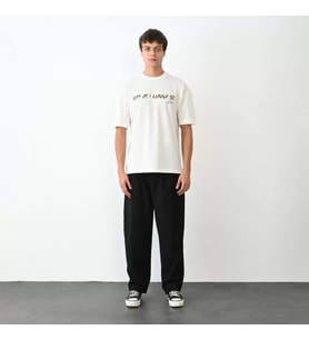 Unisex Bisiklet Yaka Baskılı Oversize T-Shirt - Beyaz