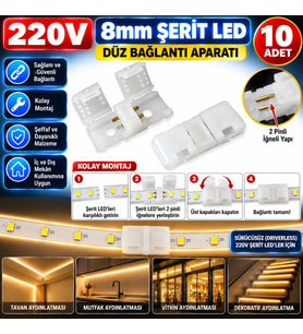 10 Adet 220V 8mm Tek Renk Şerit Led Düz Birleştirme Aparatı Lehimsiz 2 Pin