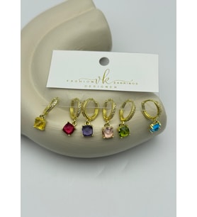Vip Gold Renkli Kare Taşlı Sallantılı 6'lı Küpe - 26vipkp65