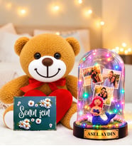 Kişiye Özel 3 Fotoğraflı Yazılı Renkli LED Işıklı Fanus ve Kalpli Peluş Ayıcık (denizkızı temalı)