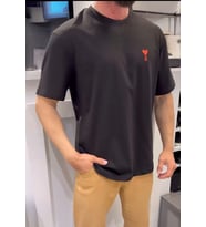 Erkek Kısa Kol Tişört Bisiklet Yaka KALP Baskılı Oversize T-Shirt - Siyah