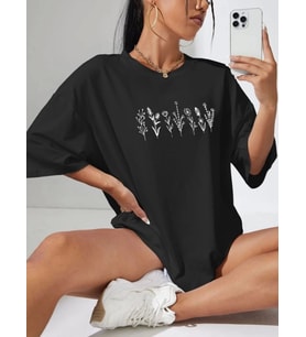 Baskılı Oversize T-shirt - Siyah