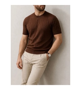 Erkek Yazlık Triko Dokuma Tişört Kısa Kol Bisiklet Yaka Örgü Desenli T-Shirt - Kahverengi