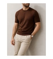 Erkek Yazlık Triko Dokuma Tişört Kısa Kol Bisiklet Yaka Örgü Desenli T-Shirt - Kahverengi