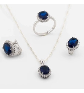 925 Ayar Gümüş Mavi Zirkon Taşlı Oval Model Bayan Set