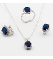 925 Ayar Gümüş Mavi Zirkon Taşlı Oval Model Bayan Set