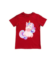 Unicorn baskılı pamuklu penye kumaş yazlık çocuk tişört (Kırmızı)