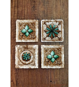 Doğaltaş Bardak Altlığı 4'lü Set - Hint Desenler Baskılı Stone Coasters