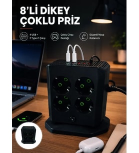 8'li Dikey Çoklu Priz 4 USB 2 Type-C Girişli Akım Korumalı Uzatma Prizi