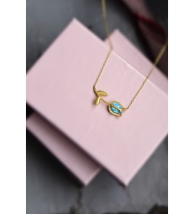 925 Ayar Gümüş Gold Kaplama Opal Taşlı Lale Kolye