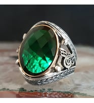 925 Ayar Gümüş Yeşil Zirkon Taşlı Tuğra Model Erkek Yüzük