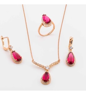 925 Ayar Gümüş Pembe Zirkon Taşlı Damla Model  Set