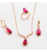 925 Ayar Gümüş Pembe Zirkon Taşlı Damla Model  Set