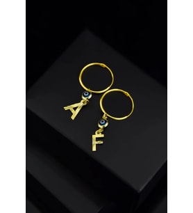 925 Ayar Gümüş Gold Kaplama Cam Göz Nazar Kalemli Harf Çivili Küpe