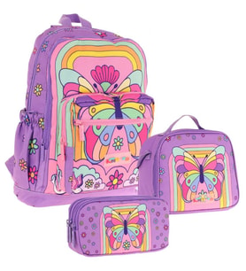 Kaukko Kids Dört Bölmeli Okul Çantası + Beslenme +Kalemlik Seti (Kelebek - Kız Çocuk - Mor Pembe)